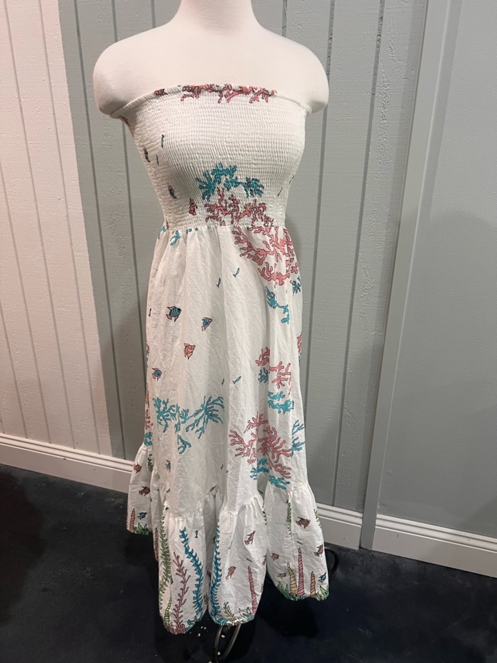Smocked Strapless White Maxi Dress with Teal & Coral Botanical Print